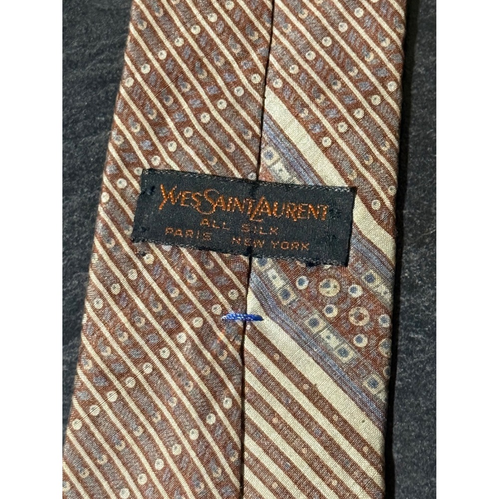 Vintage Yves Saint Laurent Silk Necktie Brown Tan Geometric Striped YSL Tie